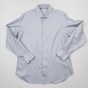 Fray Shirt Mens 16 Blue Brown Graph Check‎ Plaid Button Up Spread Barrel Cuff